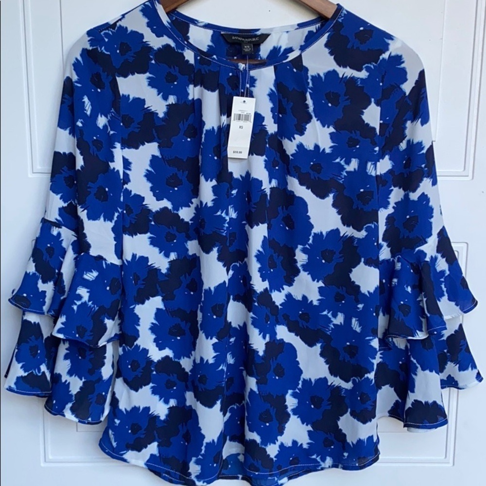 Banana Republic Floral Ruffle Sleeve Blouse Blue White XS